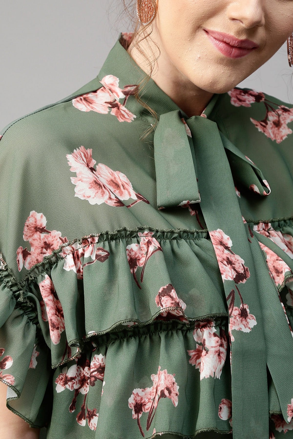 Women's Green Layered Frill Tie Neck Top