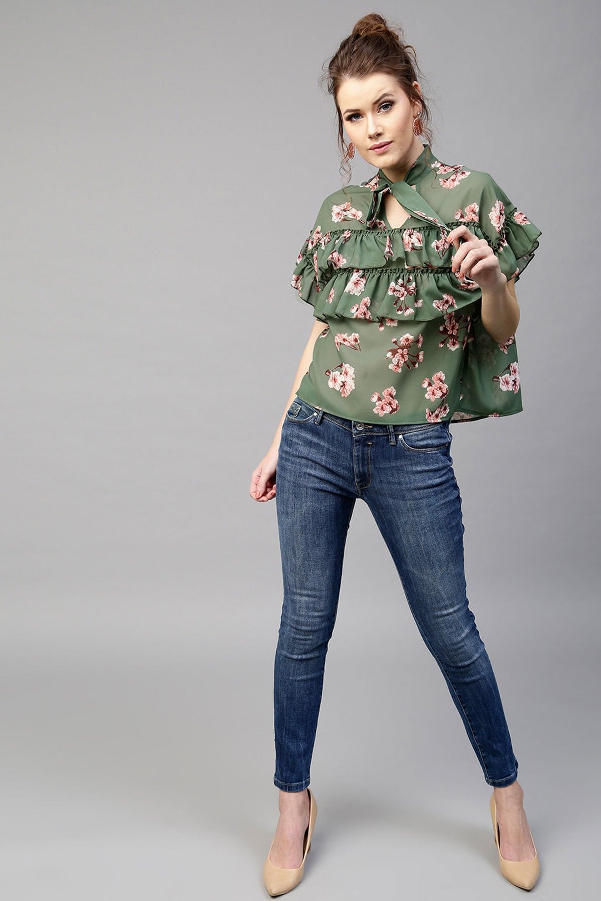 Women's Green Layered Frill Tie Neck Top