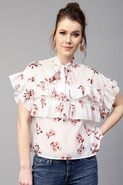 Women's Ivory Layered Frill Tie Neck Top