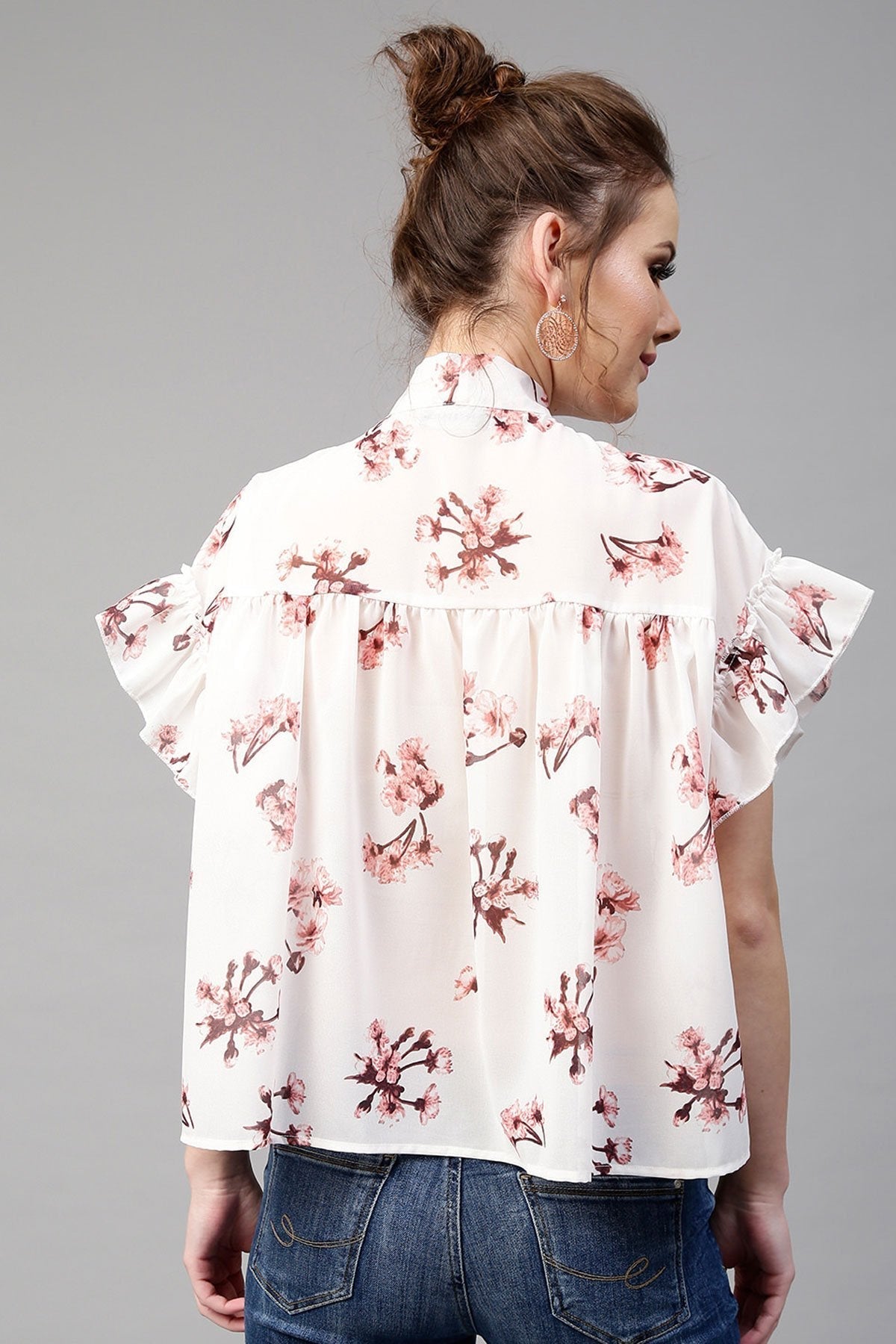 Women's Ivory Layered Frill Tie Neck Top