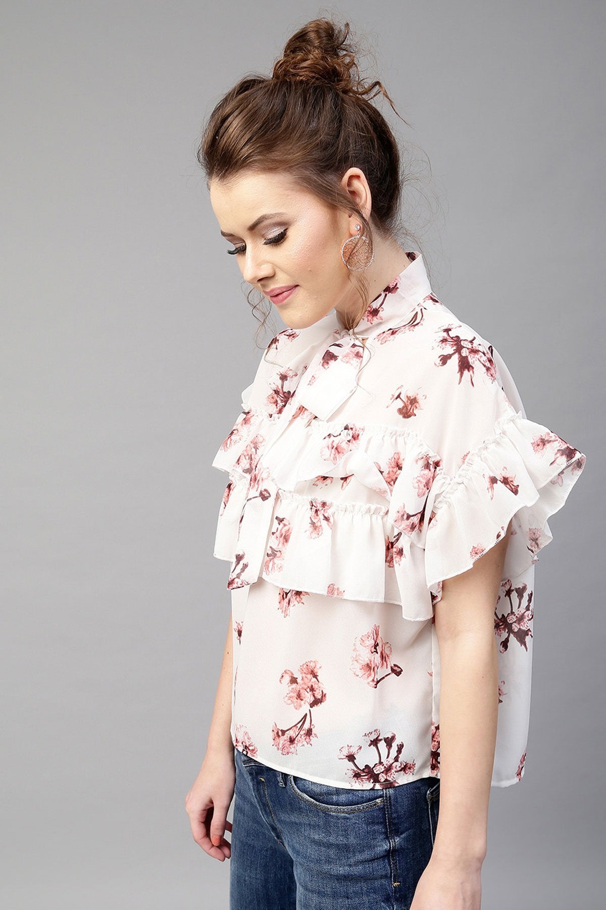 Women's Ivory Layered Frill Tie Neck Top
