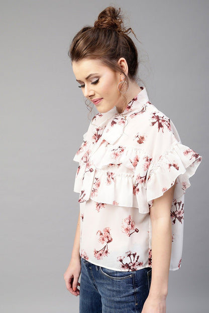 Women's Ivory Layered Frill Tie Neck Top