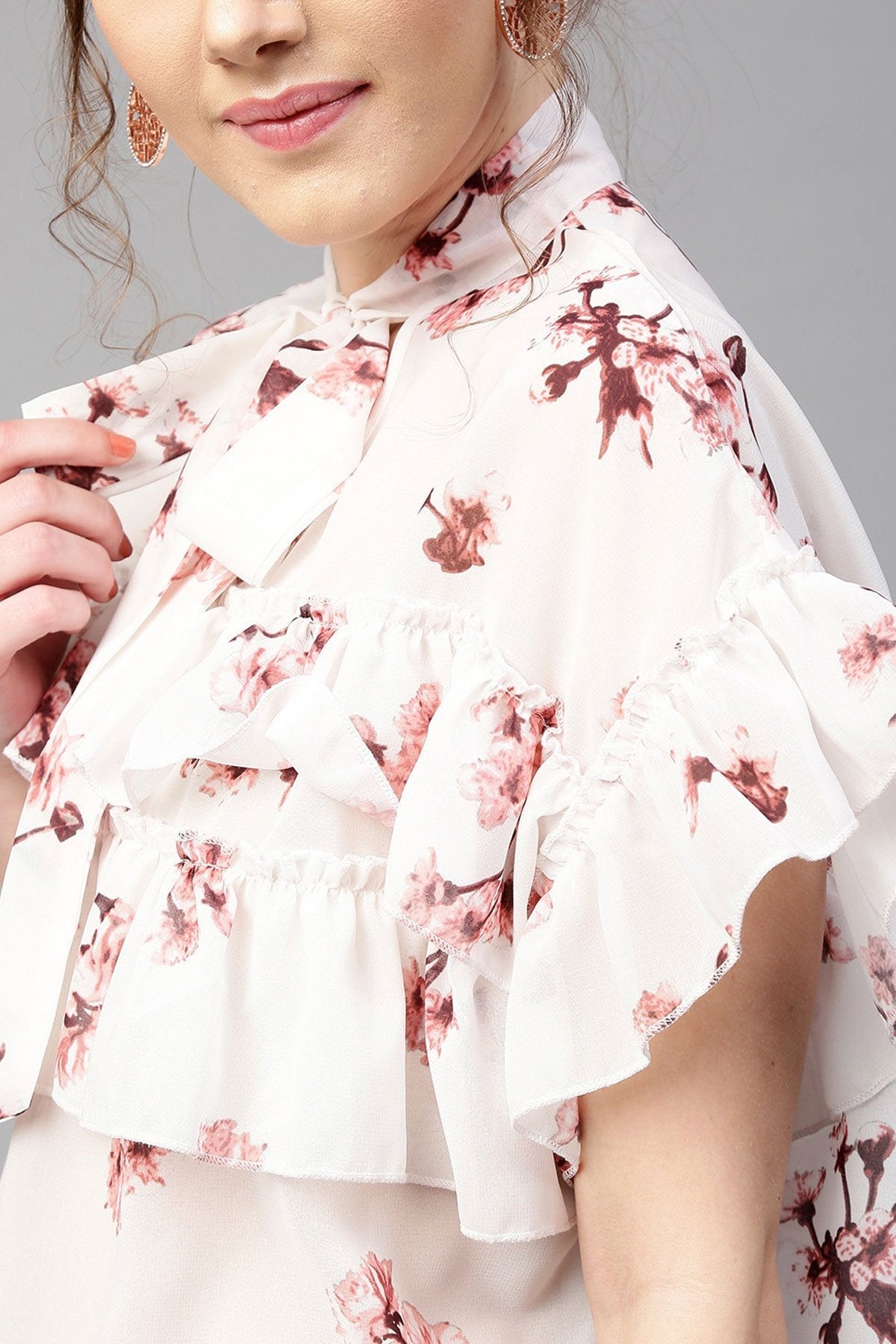 Women's Ivory Layered Frill Tie Neck Top