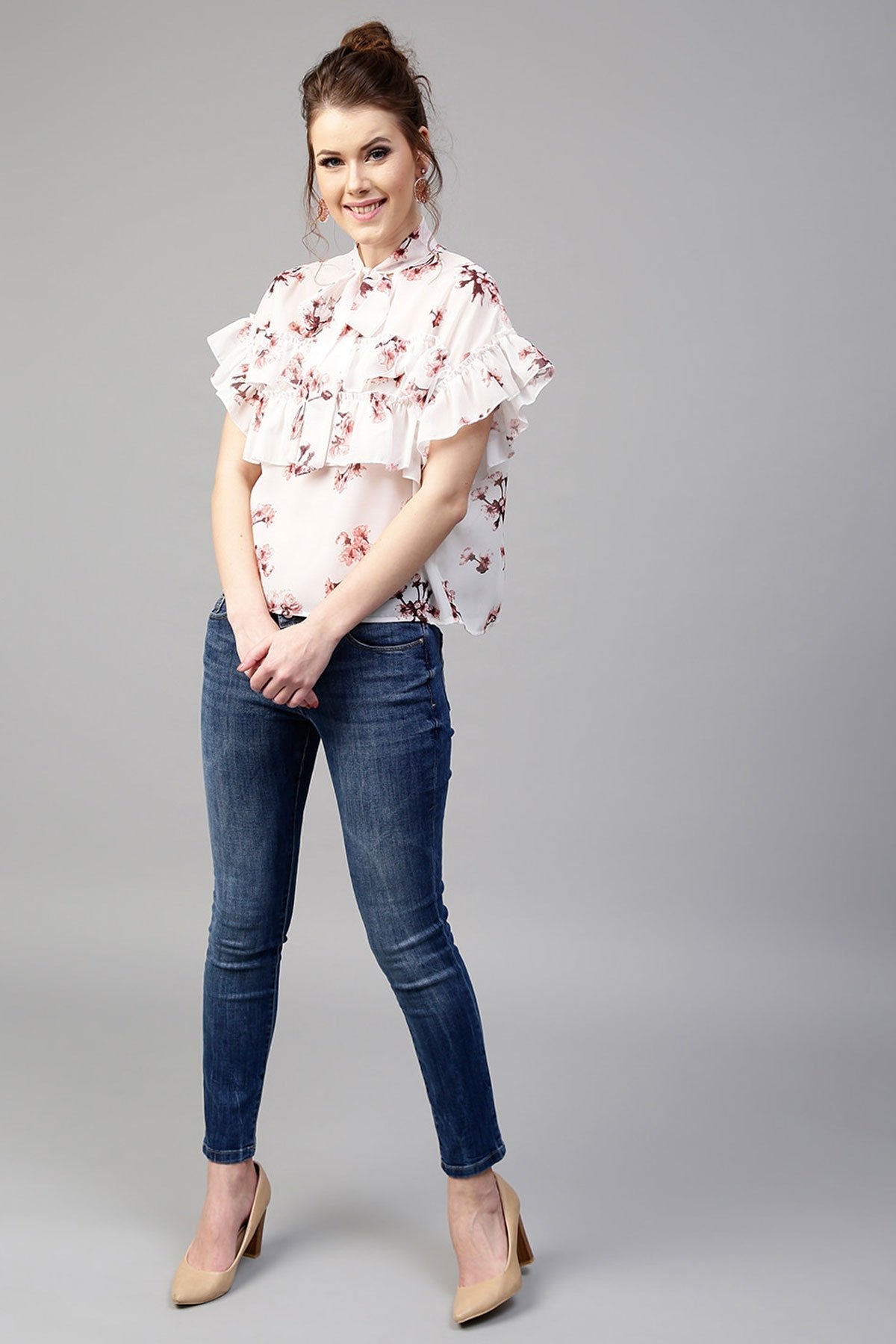Women's Ivory Layered Frill Tie Neck Top