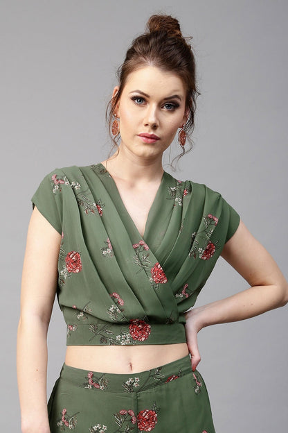 Women's Green Floral Wrap Neck Crop Top