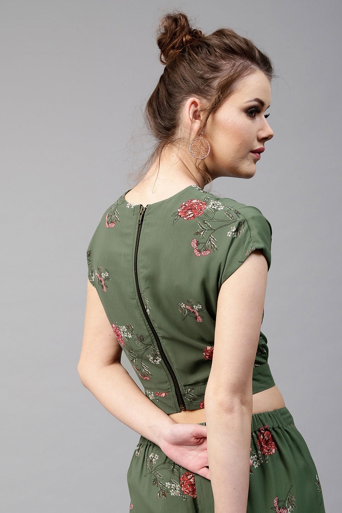 Women's Green Floral Wrap Neck Crop Top