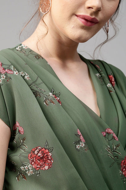 Women's Green Floral Wrap Neck Crop Top