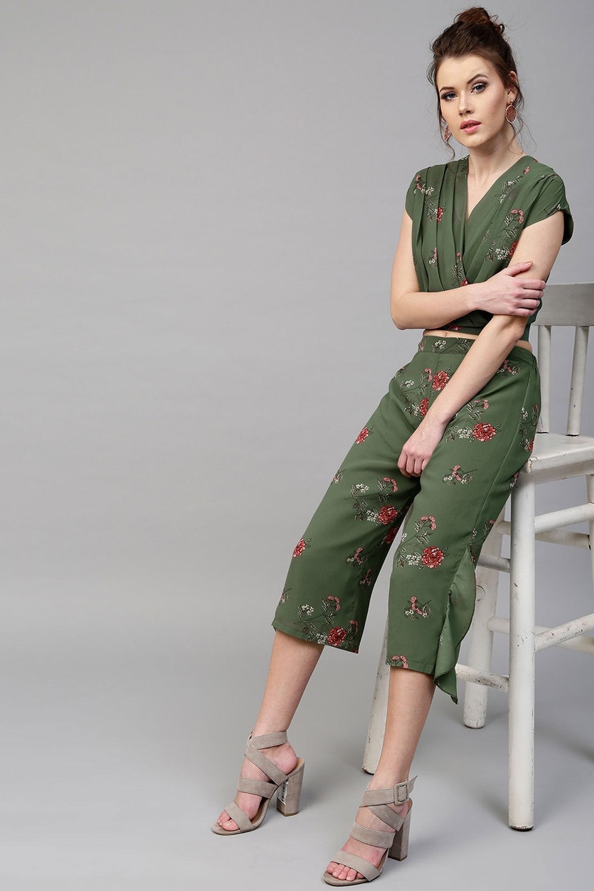 Women's Green Floral Wrap Neck Crop Top