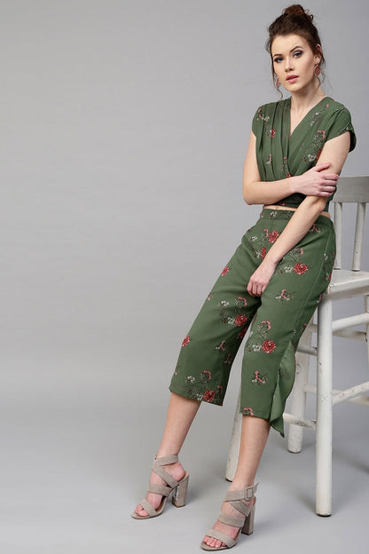 Women's Green Floral Wrap Neck Crop Top