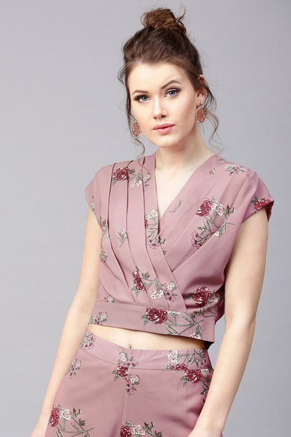 Women's Onion Pink Floral Wrap Neck Crop Top