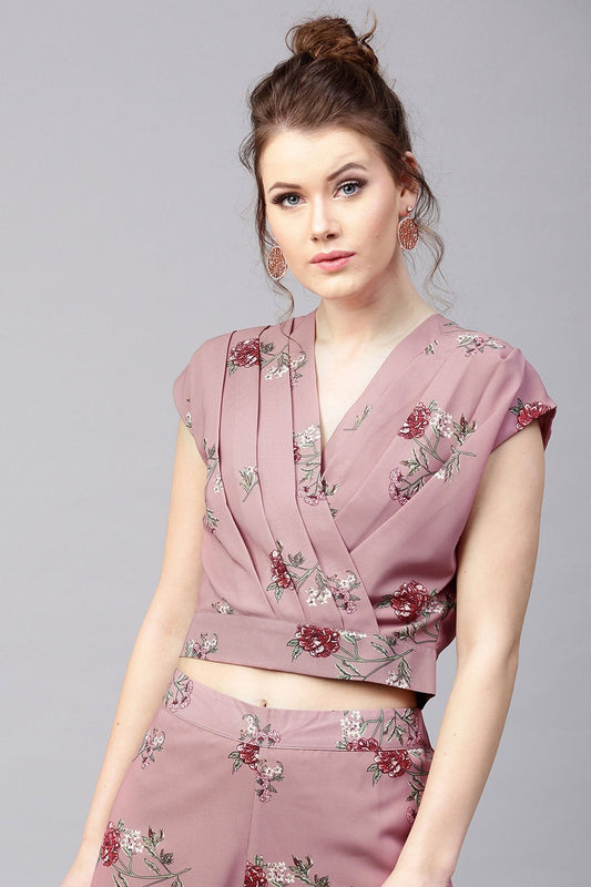 Women's Onion Pink Floral Wrap Neck Crop Top