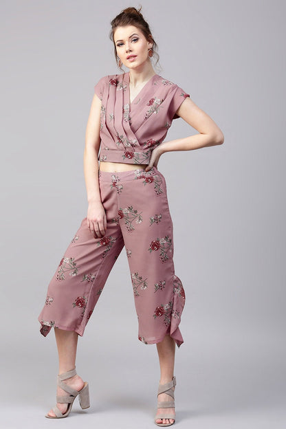 Women's Onion Pink Floral Wrap Neck Crop Top