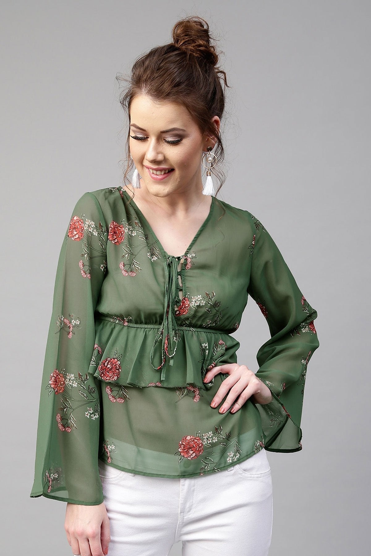 Women's Green Floral Tie Up Bell Sleeve Top