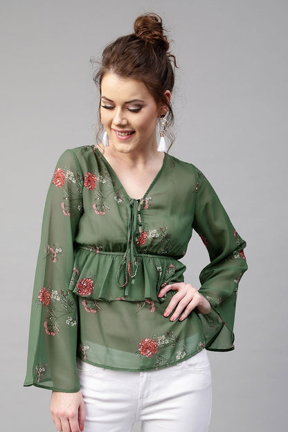 Women's Green Floral Tie Up Bell Sleeve Top