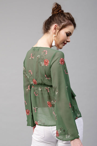 Women's Green Floral Tie Up Bell Sleeve Top