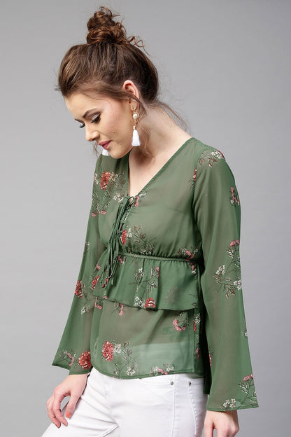 Women's Green Floral Tie Up Bell Sleeve Top