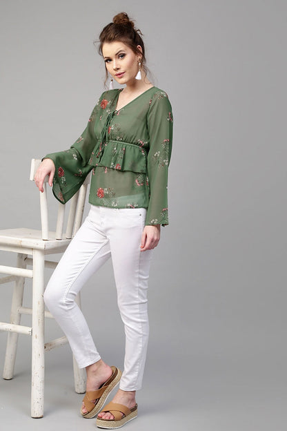 Women's Green Floral Tie Up Bell Sleeve Top