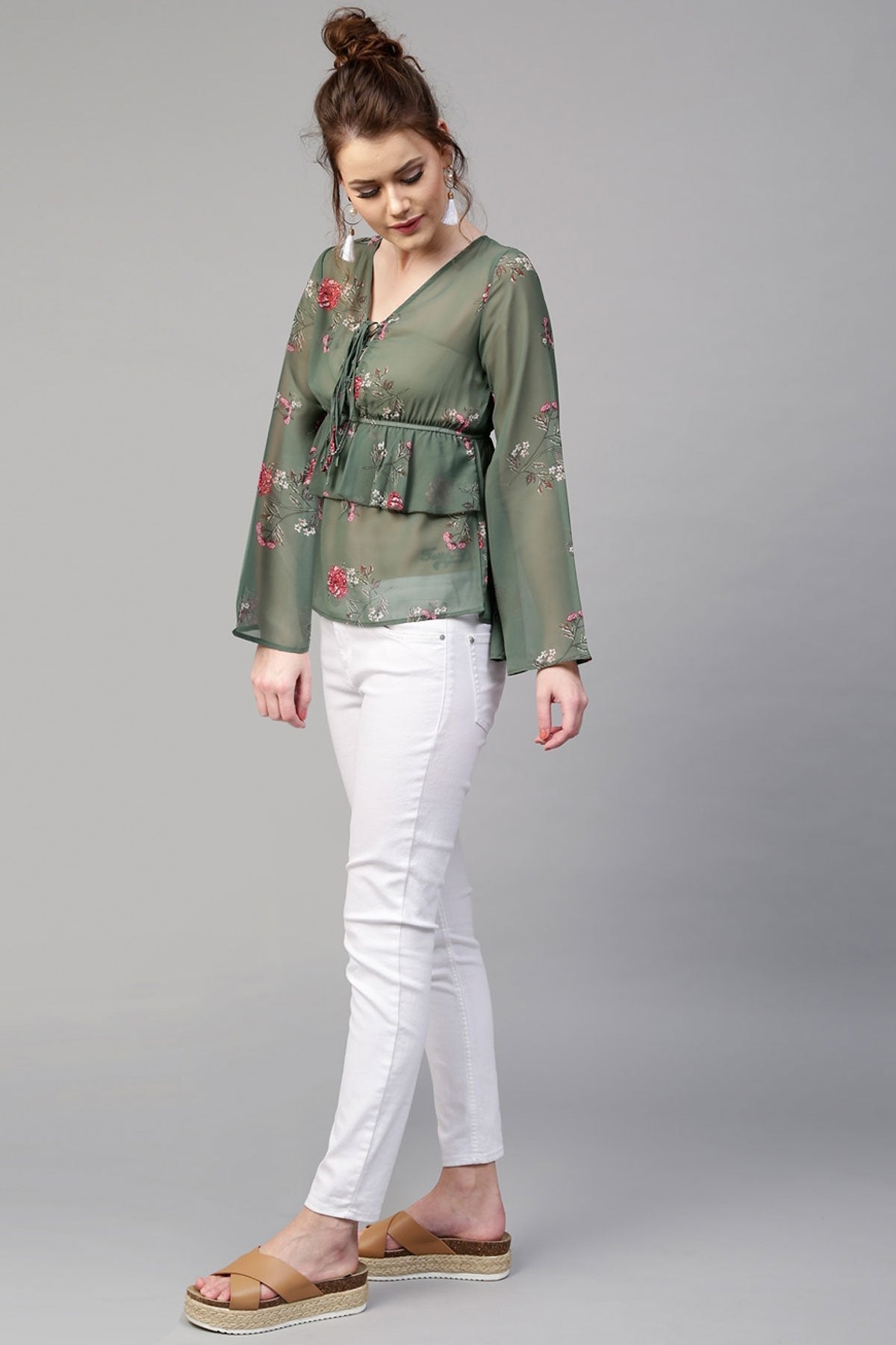 Women's Green Floral Tie Up Bell Sleeve Top
