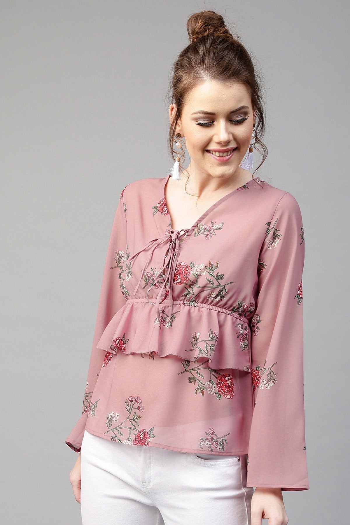 Women's Onion Pink Floral Tie Up Bell Sleeve Top