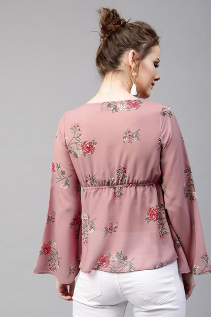 Women's Onion Pink Floral Tie Up Bell Sleeve Top