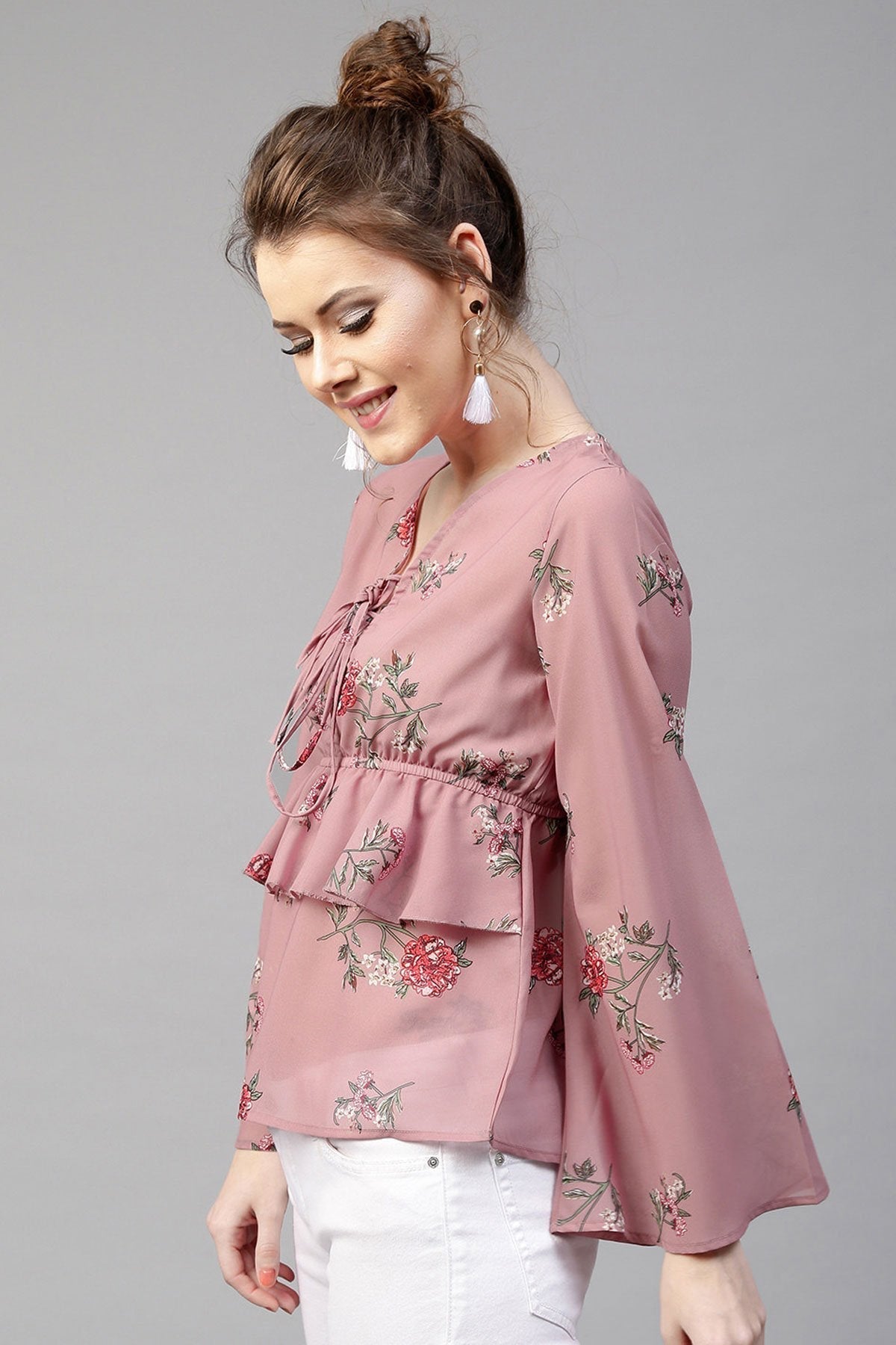 Women's Onion Pink Floral Tie Up Bell Sleeve Top