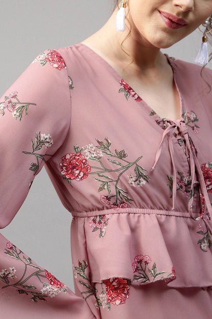 Women's Onion Pink Floral Tie Up Bell Sleeve Top