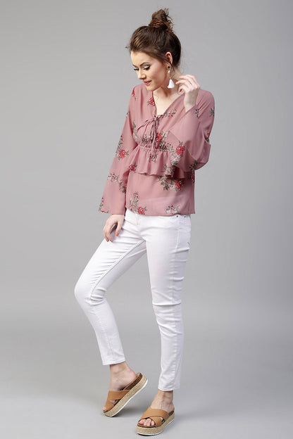 Women's Onion Pink Floral Tie Up Bell Sleeve Top