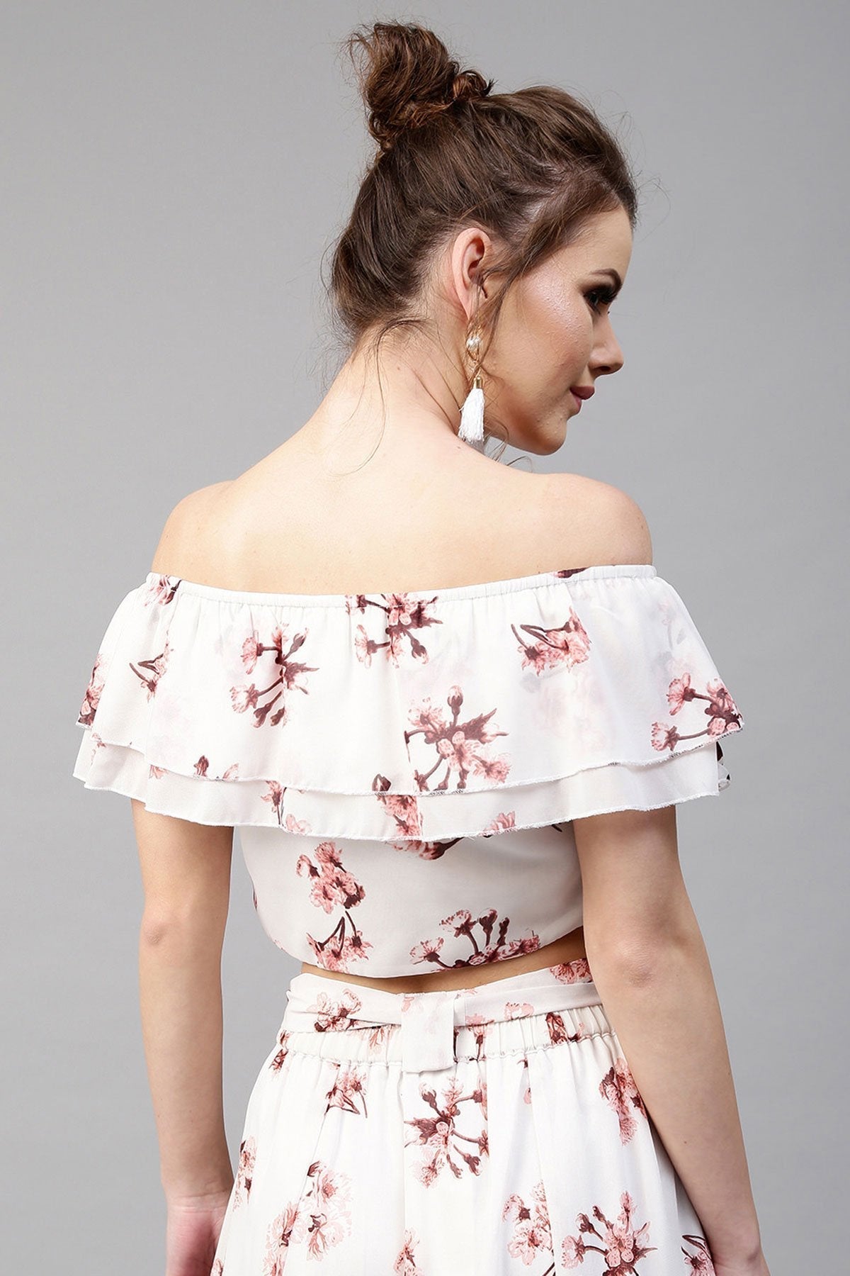 Women's Ivory Floral Off Shoulder Crop Top