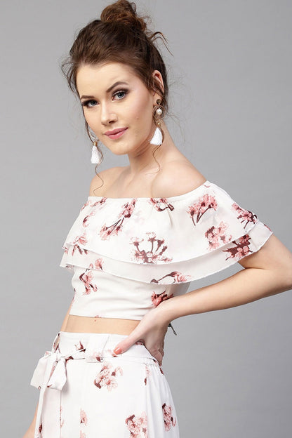 Women's Ivory Floral Off Shoulder Crop Top
