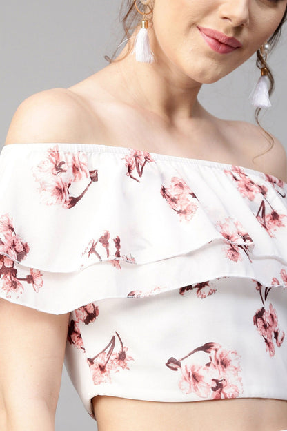 Women's Ivory Floral Off Shoulder Crop Top