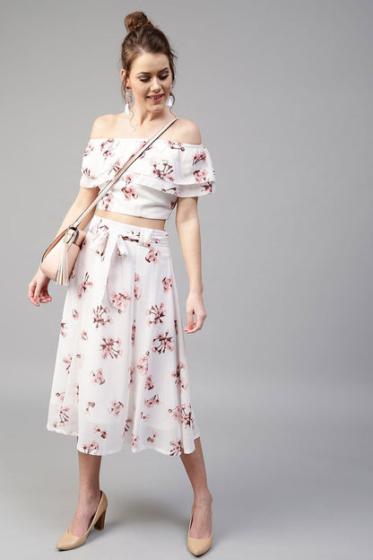 Women's Ivory Floral Off Shoulder Crop Top