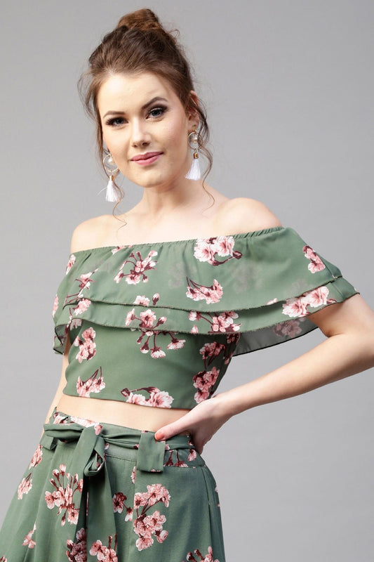 Women's Green Floral Off Shoulder Crop Top