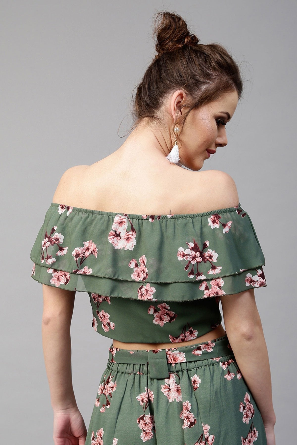 Women's Green Floral Off Shoulder Crop Top