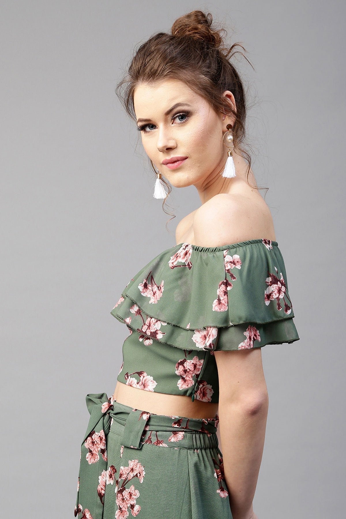 Women's Green Floral Off Shoulder Crop Top
