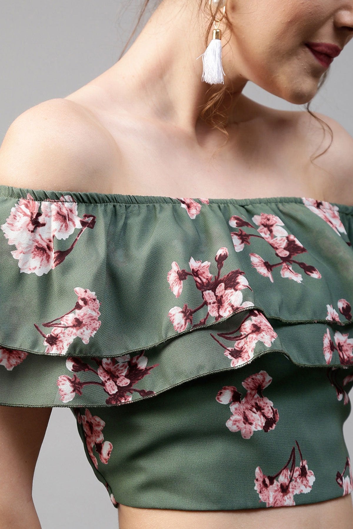 Women's Green Floral Off Shoulder Crop Top