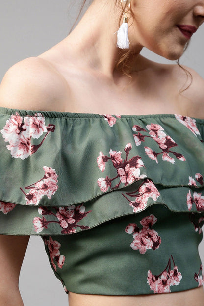 Women's Green Floral Off Shoulder Crop Top