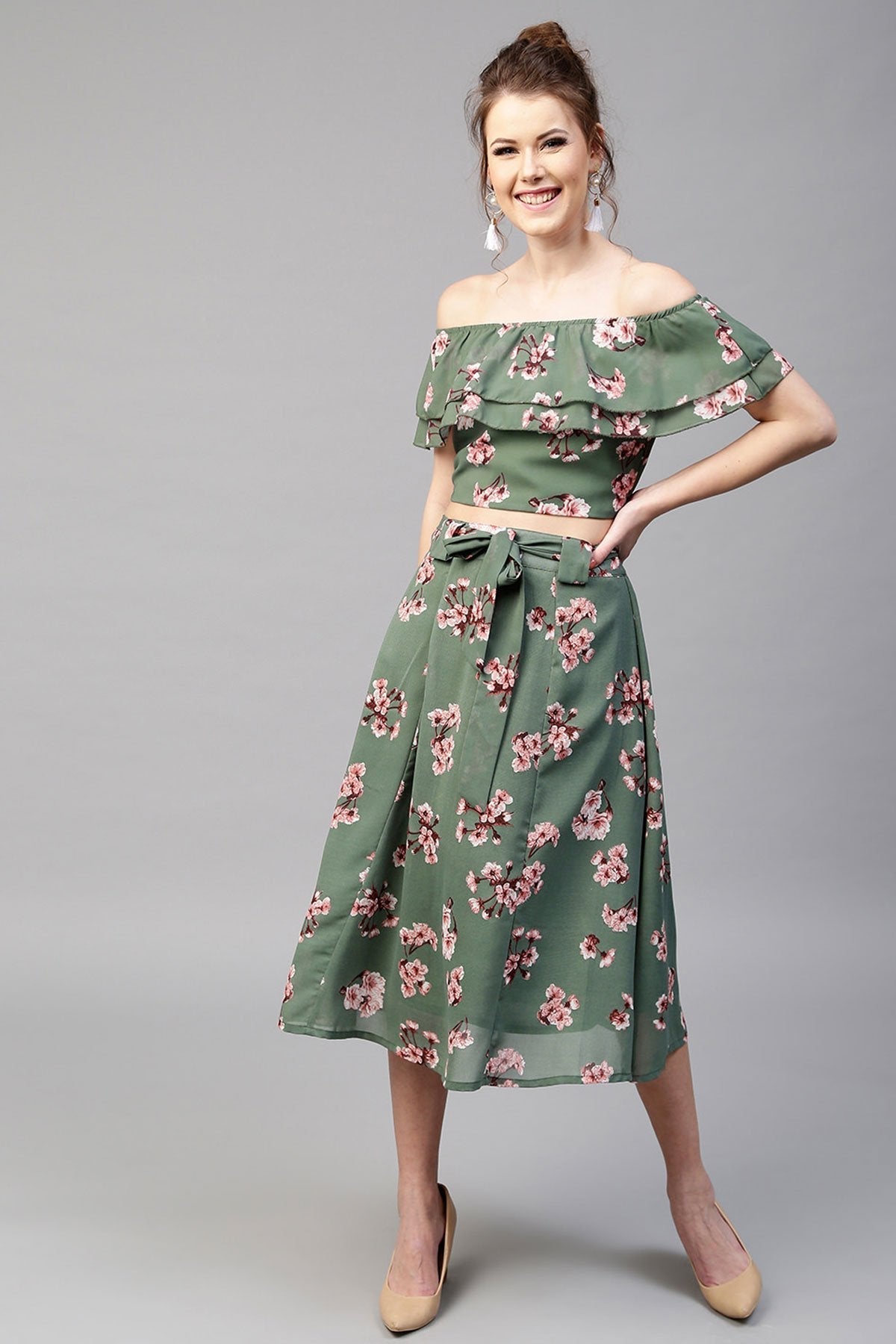 Women's Green Floral Off Shoulder Crop Top