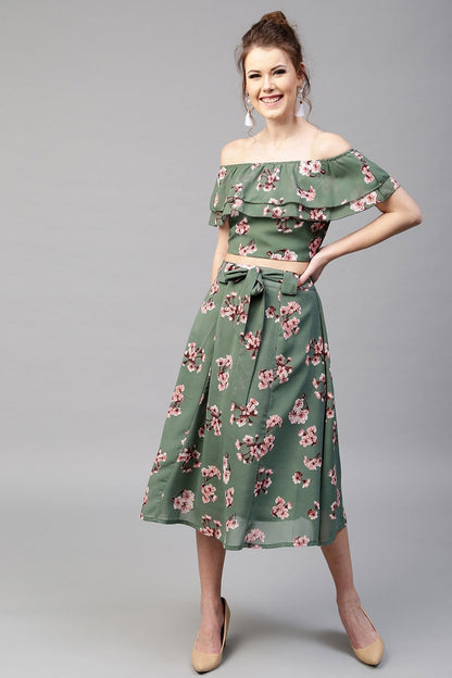 Women's Green Floral Off Shoulder Crop Top