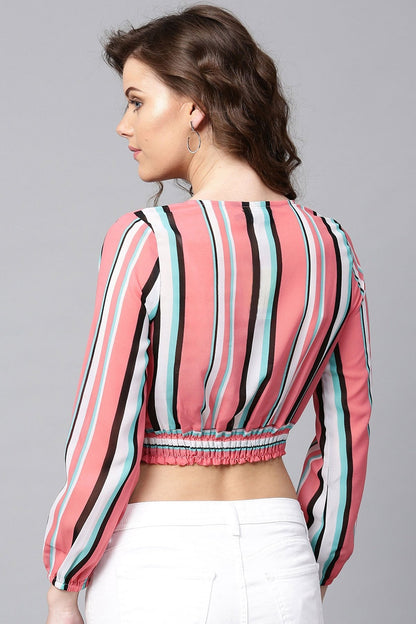 Women's Pink Stripes Wrap Crop Top