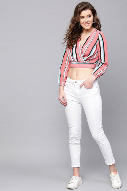Women's Pink Stripes Wrap Crop Top