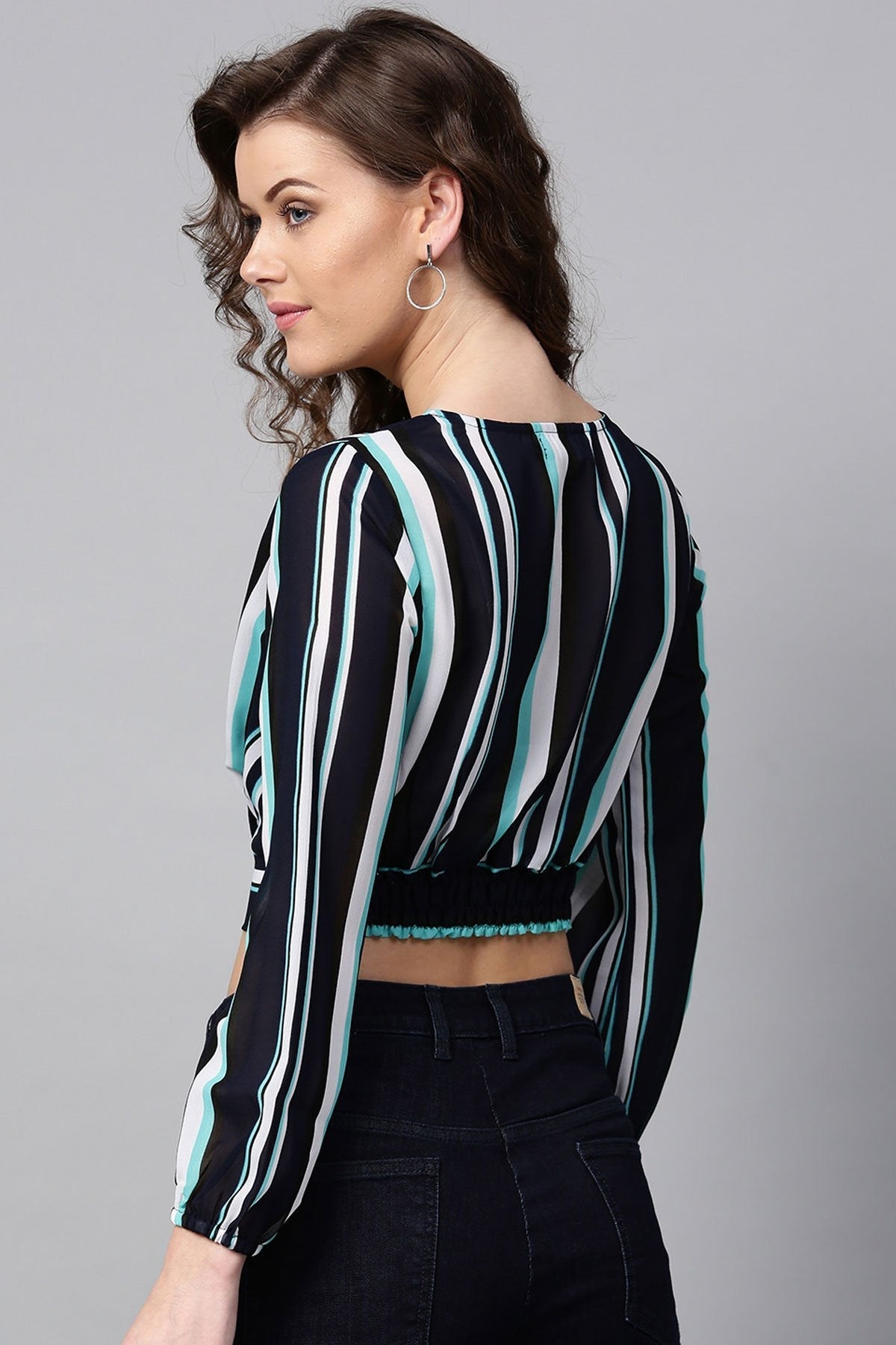 Women's Navy & Sea Green Stripes Wrap Crop Top