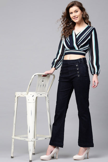 Women's Navy & Sea Green Stripes Wrap Crop Top
