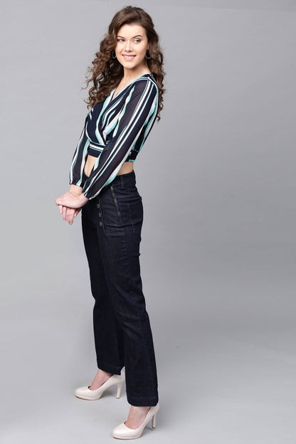 Women's Navy & Sea Green Stripes Wrap Crop Top