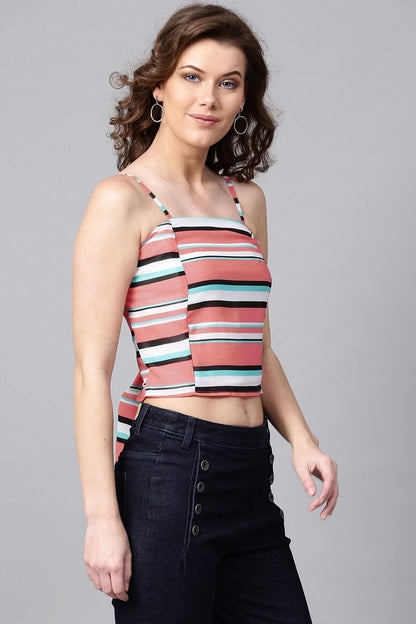Women's Pink Stripes Tie Belt Crop Top