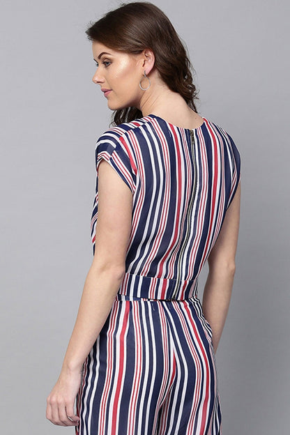 Women's Navy & Red Stripes Pleated Crop Top