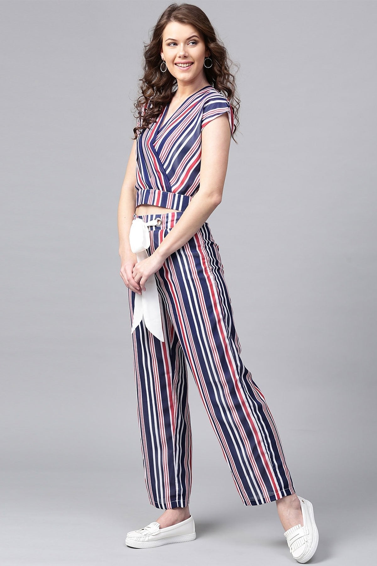Women's Navy & Red Stripes Pleated Crop Top