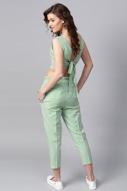 Women's Green Stripes Back Bow Crop Top