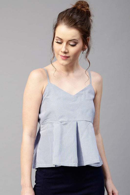 Women's Blue Stripes Peplum Strappy Top