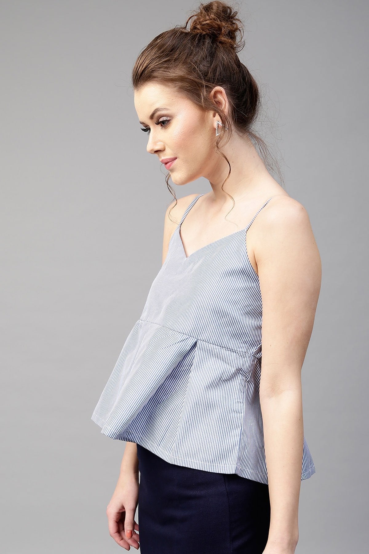Women's Blue Stripes Peplum Strappy Top