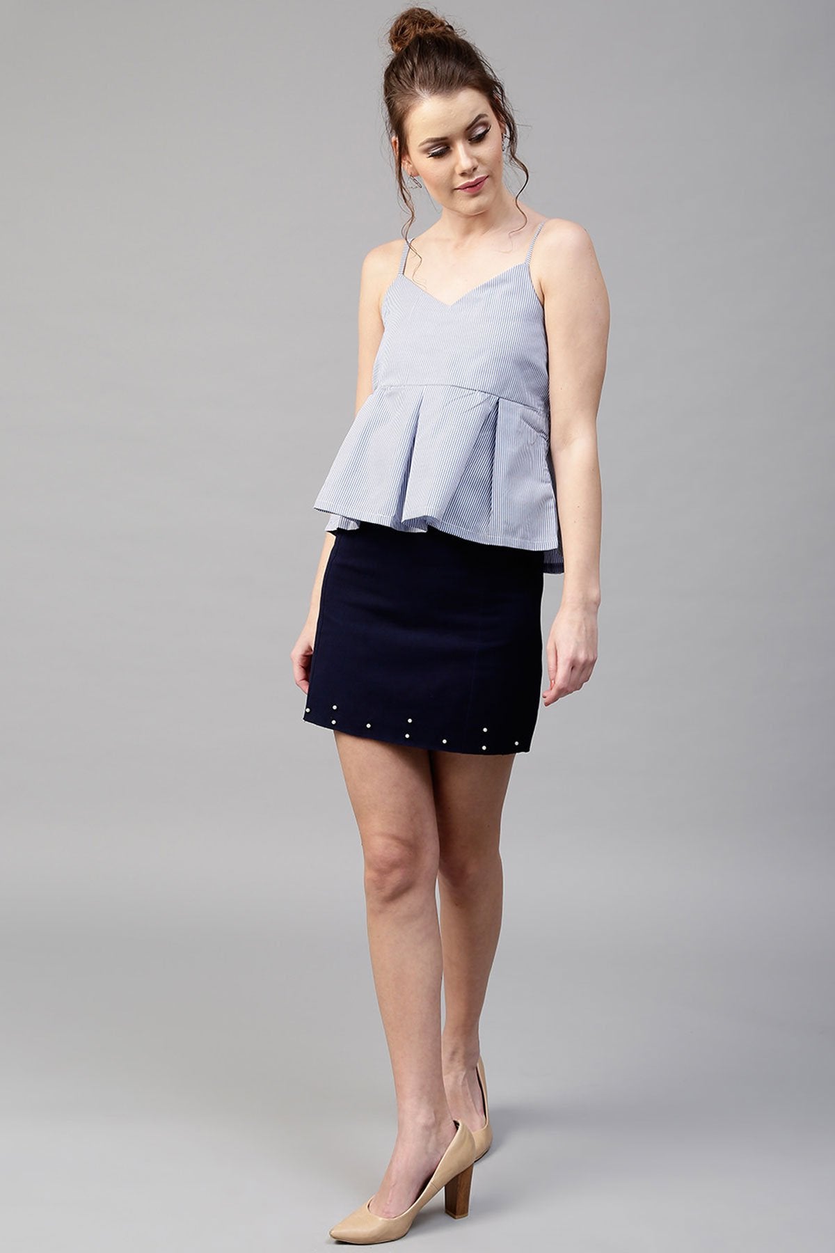 Women's Blue Stripes Peplum Strappy Top